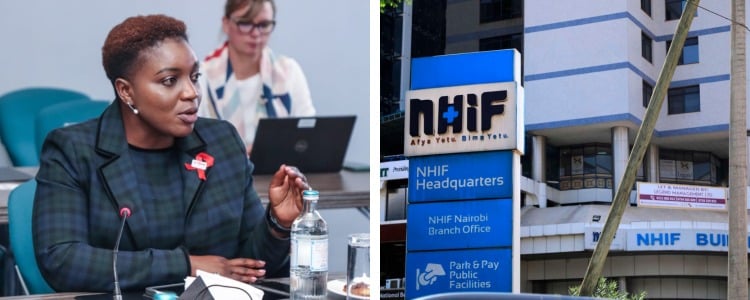 A photo collage of Health CS Susan Nakhumicha and the headquarters of the NHIF in Nairobi.