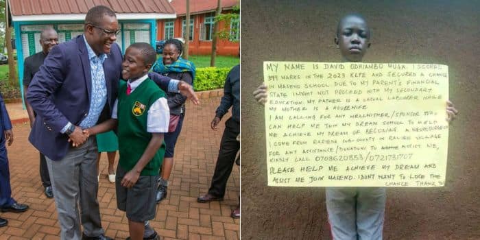A side by side photo of ICT CS Eliud Owalo with the boy and a photo of the boy's appeal for aid.