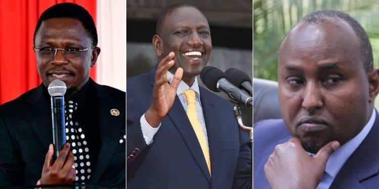 A photo collage of President William Ruto (center), Sports CS Ababu Namwamba (left) and Suna East MP Junet Mohamed.