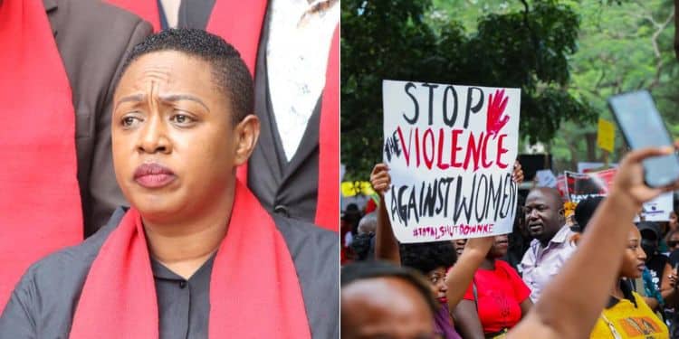 A side-to-side photo of nominated MP Sabina Chege and a photo of people protesting against rise of femicide cases.