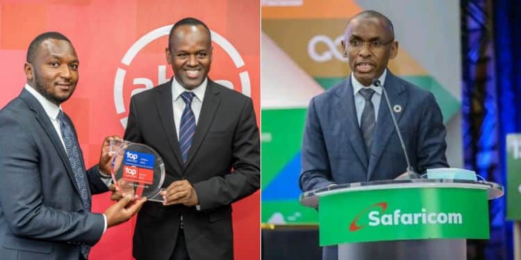 A photo collage of ABSA Kenya MD Abdi Mohamed and the bank's Head of Corporate Relations Charles Wokabi pose for a photo with Top Employers award (left) and Safaricom CEO Peter Ndegwa speaking in a past meeting.