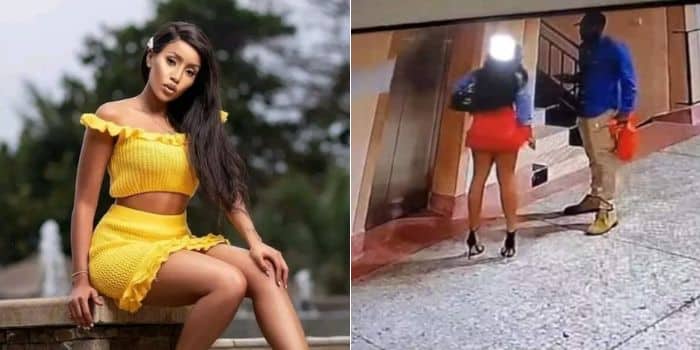A side-to-side photo of slain socialite Starlet Wahu and a screngrab taken from the CCTV footage of the building in South B.
