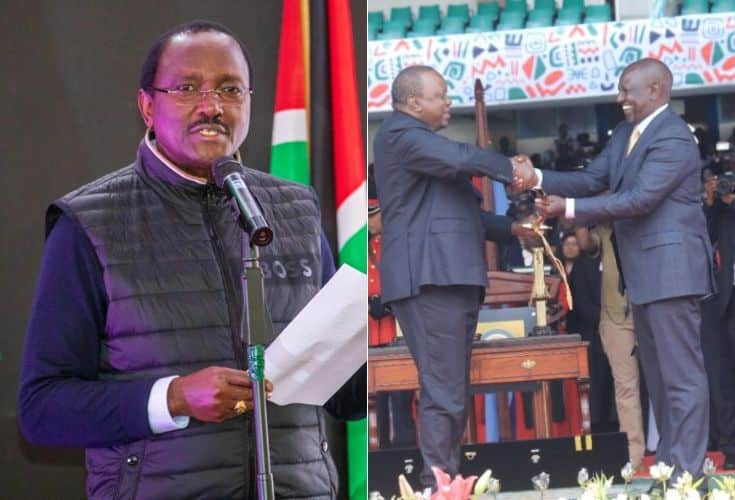 A photo collage of Wiper Party Leader Kalonzo Musyoka (left) and a photo of former President Uhuru Kenyatta handing over power to President William Ruto.