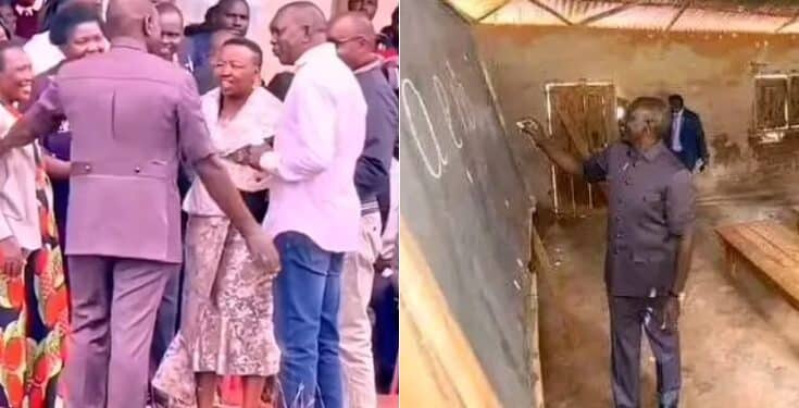A photo vollage of President William Ruto having a conversation with Kapsaret MP Oscar Sudi (right) and First Lady Rachel Ruto (left) and President Ruto inside a classroom at his former school in Kamagut.