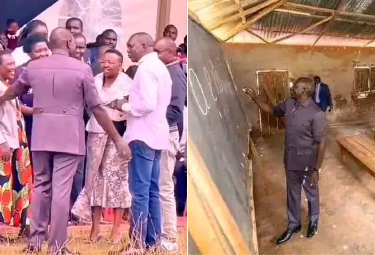 A photo vollage of President William Ruto having a conversation with Kapsaret MP Oscar Sudi (right) and First Lady Rachel Ruto (left) and President Ruto inside a classroom at his former school in Kamagut.