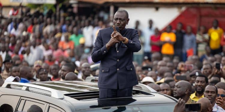 President William Ruto speaks while addressing a roadside gathering in Busia County on January 21, 2024.