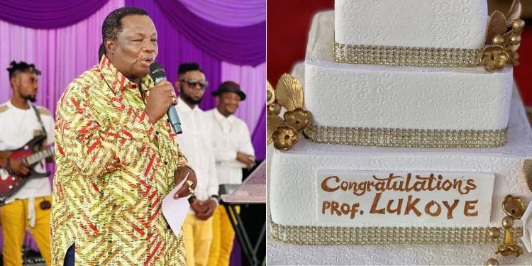 A sided-to-side photo of COTU boss Francis Atwoli and a photo of cake prepared for his party.