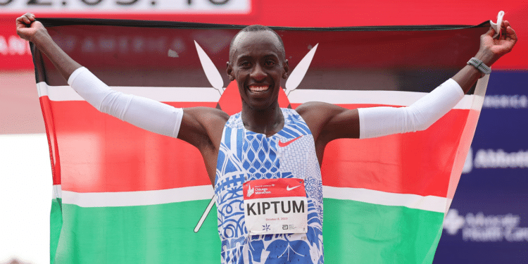 Kelvin Kiptum after setting a world record, running a marathon in 2 hours 35 seconds in Chicago, 2023 | Michael Reaves/Getty Images