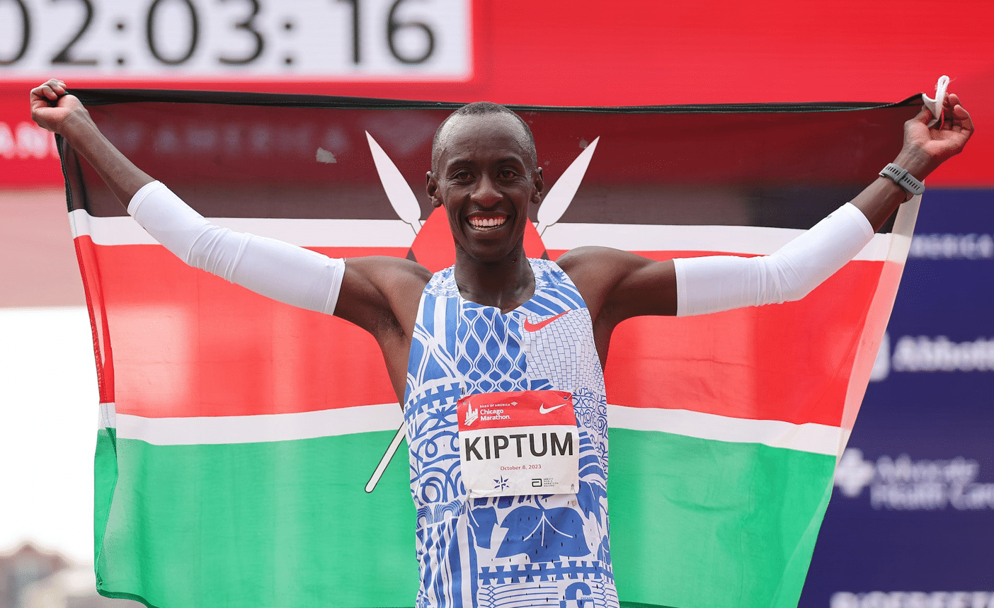 Kelvin Kiptum after setting a world record, running a marathon in 2 hours 35 seconds in Chicago, 2023 | Michael Reaves/Getty Images