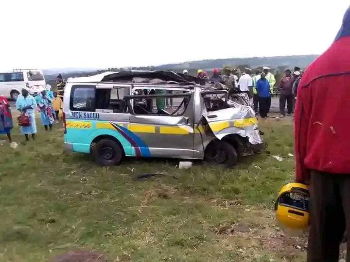 The wreckage of an MTN Sacco matatu involved in an accident along the Nyeri-Nyahururu Road on February 3.