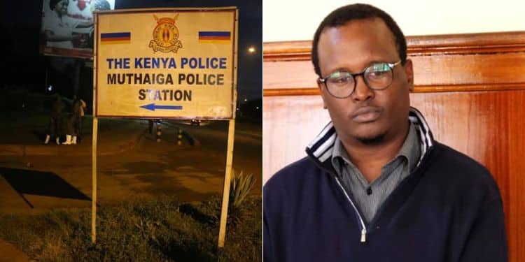 A side-to-side photo of a signage directing to the Muthaiga Police Station and a photo of murder suspect Kevin Kang'ethe in a past appearance in court.