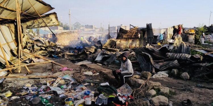 The aftermath of the night fire that razed down residential units in Soweto, Embakasi East.