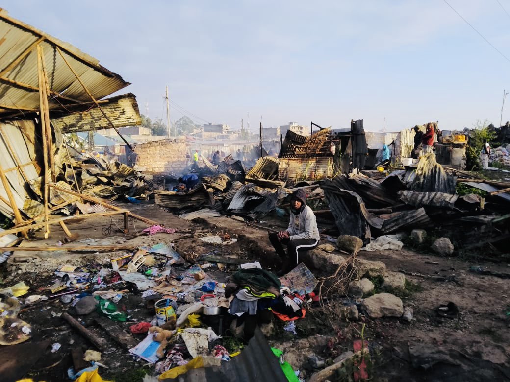 The aftermath of the night fire that razed down residential units in Soweto, Embakasi East.