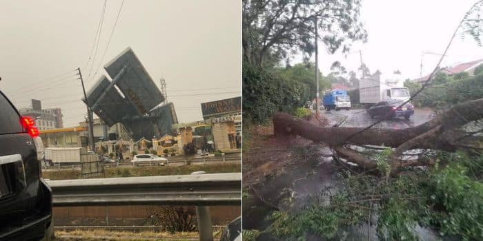 A collage of Thika Road and fallen trees on Kiambu Road.