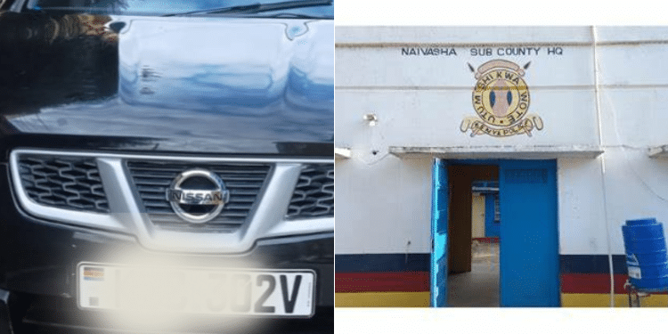 A collage photo of the Car stolen and Naivasha Police Station Office. PHOTO/ Courtesy