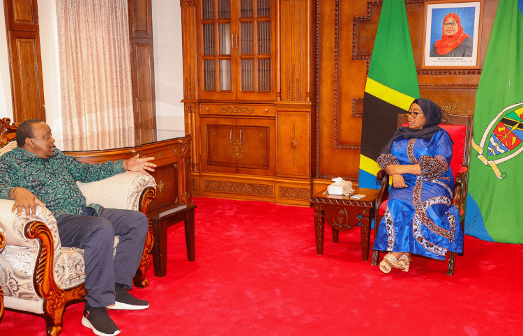 Former Kenyan President Uhuru Kenyatta with Tanzania President Samia Suluhu. PHOTO/Office of the 4th President Kenya.