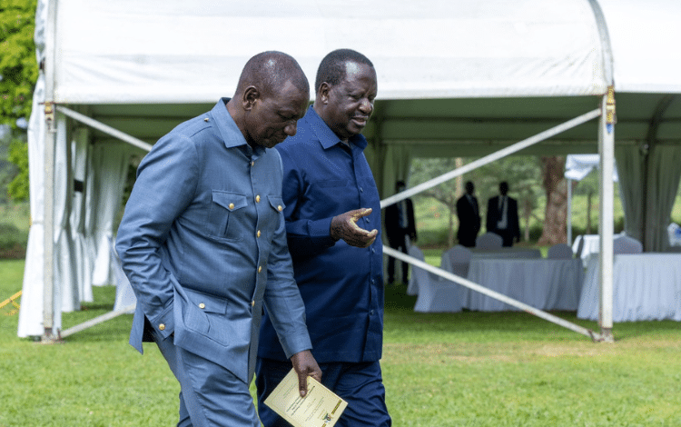 From left, Kenya's President William Ruto, Kenya's Opposition leader Raila Odinga and Uganda's President Yoweri Museveni. PHOTO/ PCS. Rigathi Gachagua Edwin Sifuna Kalonzo Oparanya