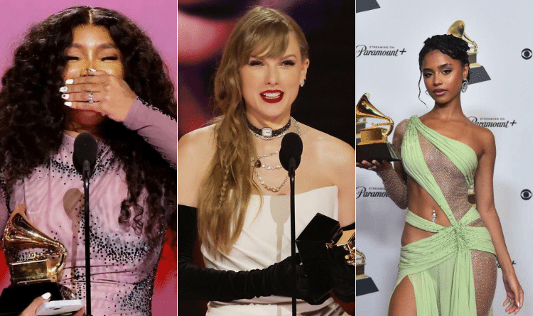 A photo collage of SZA, Taylor Swift and Tyla at the 2024 Grammy awards. PHOTO/Grammys X.