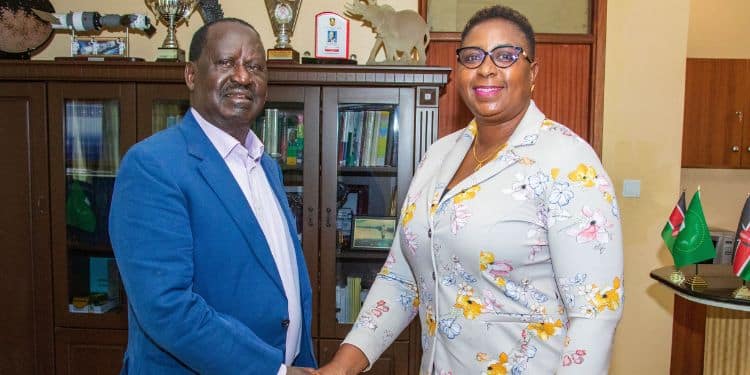 Gender Cabinet Secretary Aisha Jumwa (right) shakes hands with ODM Leader Raila Odinga after a meeting at Capitol in Nairobi on February 27, 2024.