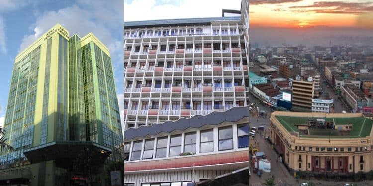 A photo collage showing the Afya Center building (left), Ambassadeur Hotel (center), and an aerial view of the National Archives building.