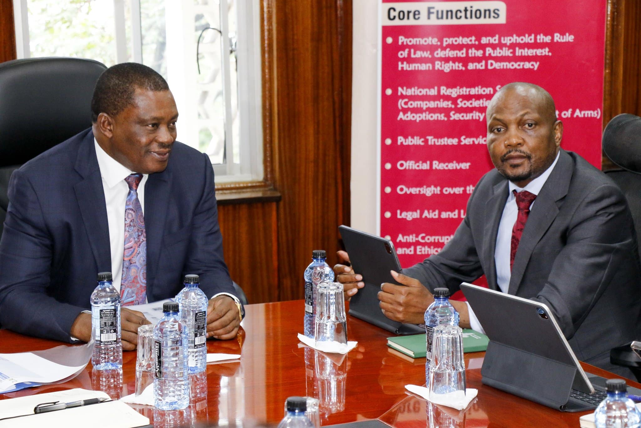 Attorney General Justin Muturi and Public Service Cabinet Secretary Moses Kuria in a past meeting.