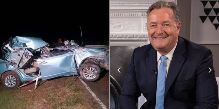 A side to side photo of Kelvin Kiptum's car involved in at Kaptagat and a photo of British media personality Piers Morgan.