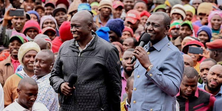 Deputy President Rigathi Gachagua 9left) and President William Ruto address a roadside rally in Kiambu on February 14, 2024.