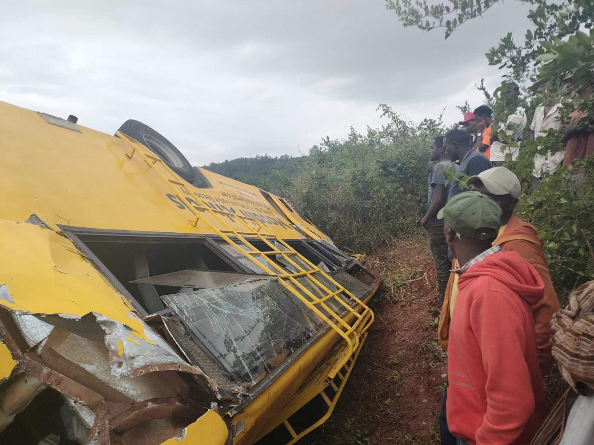 The wreckage of the Maadili Schools bus involved in an accident along the Gitugi-Murang'a Road on February 24, 2023.