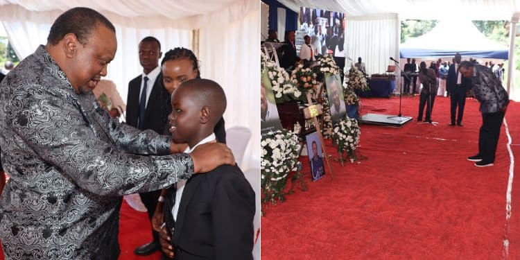 A side-to-side photoof former President Uhuru sharing a moment with King'ri Mwangi's family and a photo of the former President paying his last respects to the late senior police office in Tetu, Nyeri County.
