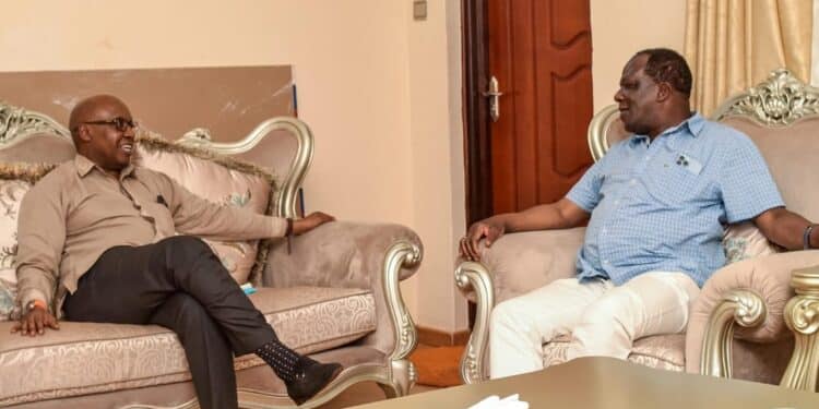 Safina party leader Jimi Wanjigi with former Kakamega Governor Wycliffe Oparanya on Saturday, March 9, 2024. PHOTO/ Wanjigi X.