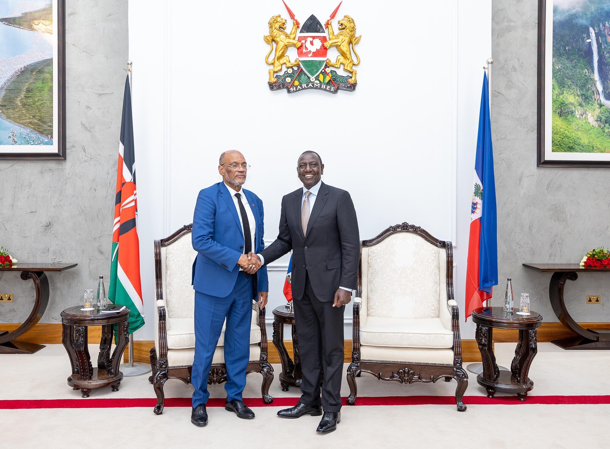 President William Ruto with Haiti PM Ariel Henry in Nairobi. PHOTO/PCS.