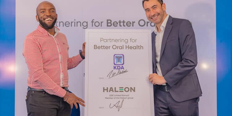 GSK Limited Kenya (A member of Haleon Group) Country Manager Kenya, East & Other Southern Africa, Anil Gulludere with Kenya Dentist Association (KDA) President Dr. Tim Theuri after the signing of an MOU between GSK Limited and KDA