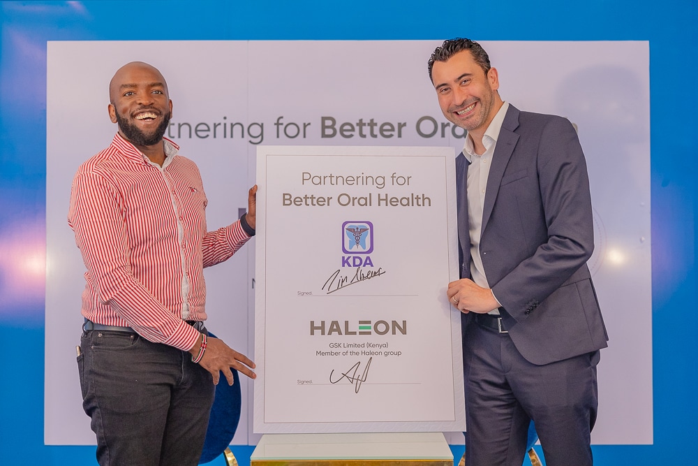 GSK Limited Kenya (A member of Haleon Group) Country Manager Kenya, East & Other Southern Africa, Anil Gulludere with Kenya Dentist Association (KDA) President Dr. Tim Theuri after the signing of an MOU between GSK Limited and KDA