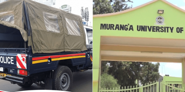 A collage of a Kenya Police car and Murang'a University gate. PHOTO/ Courtesy