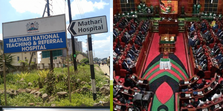 A photo collage of Mathari Hospital signboard and a past session of the National Assembly. PHOTO/Couresty.