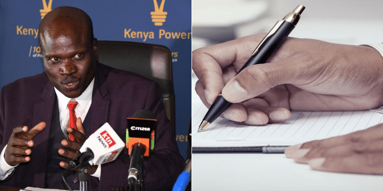 A photo collage of KPLC MD and CEO Dr. Eng. Joseph Siror and hand writing on a book. PHOTO/Courtesy.