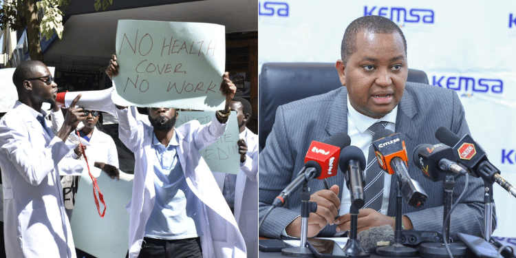 A photo collage of KEMSA Chairperson Irungu Nyakera and Doctors on Strike. PHOTO/COURTESY