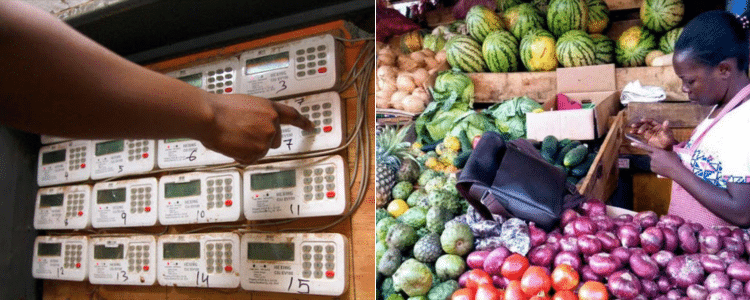 Photo collage of a customer keying in tokens and a grocery store. PHOTO/Courtesy