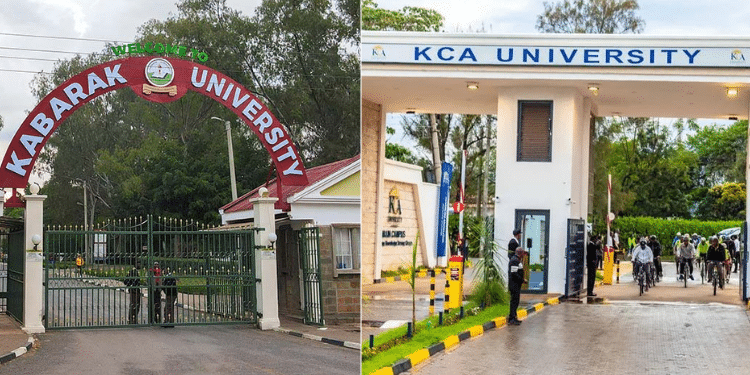 A collage of Kabarak University and KCA University entrance.