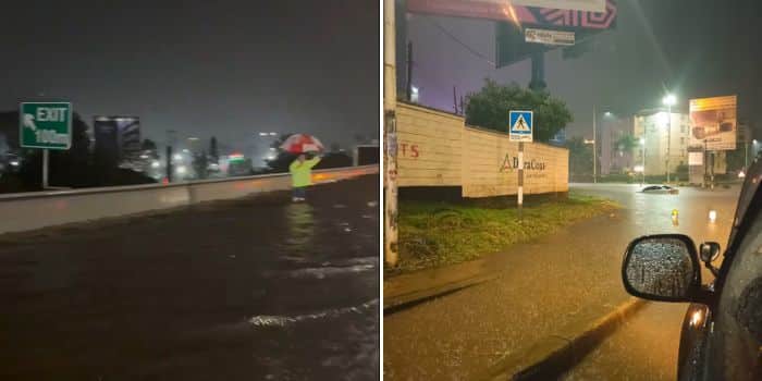 Flooding on the Nairobi Expressway (left) and a car submerged in a flood. PHOTO/Courtesy