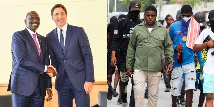 President William Ruto shakes hands with Canada's Prime Minister Justin Trudeau (left) and a photo showing gang activities in Haiti.