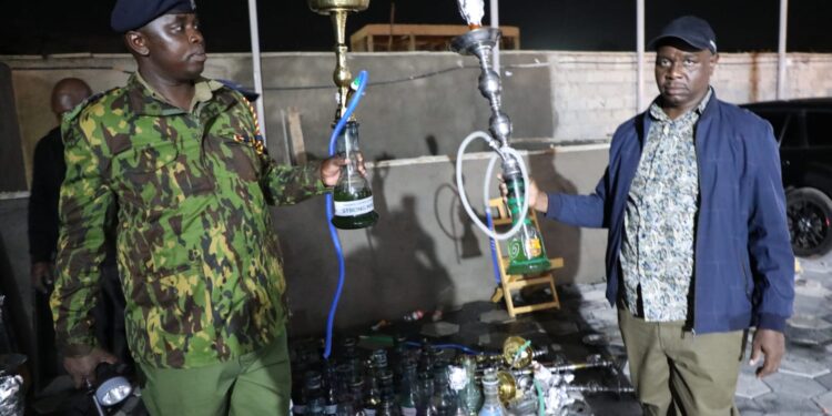 The NACADA team parades the shisha bongs seized in the raid on Quiver Lounge on March 2, 2024.