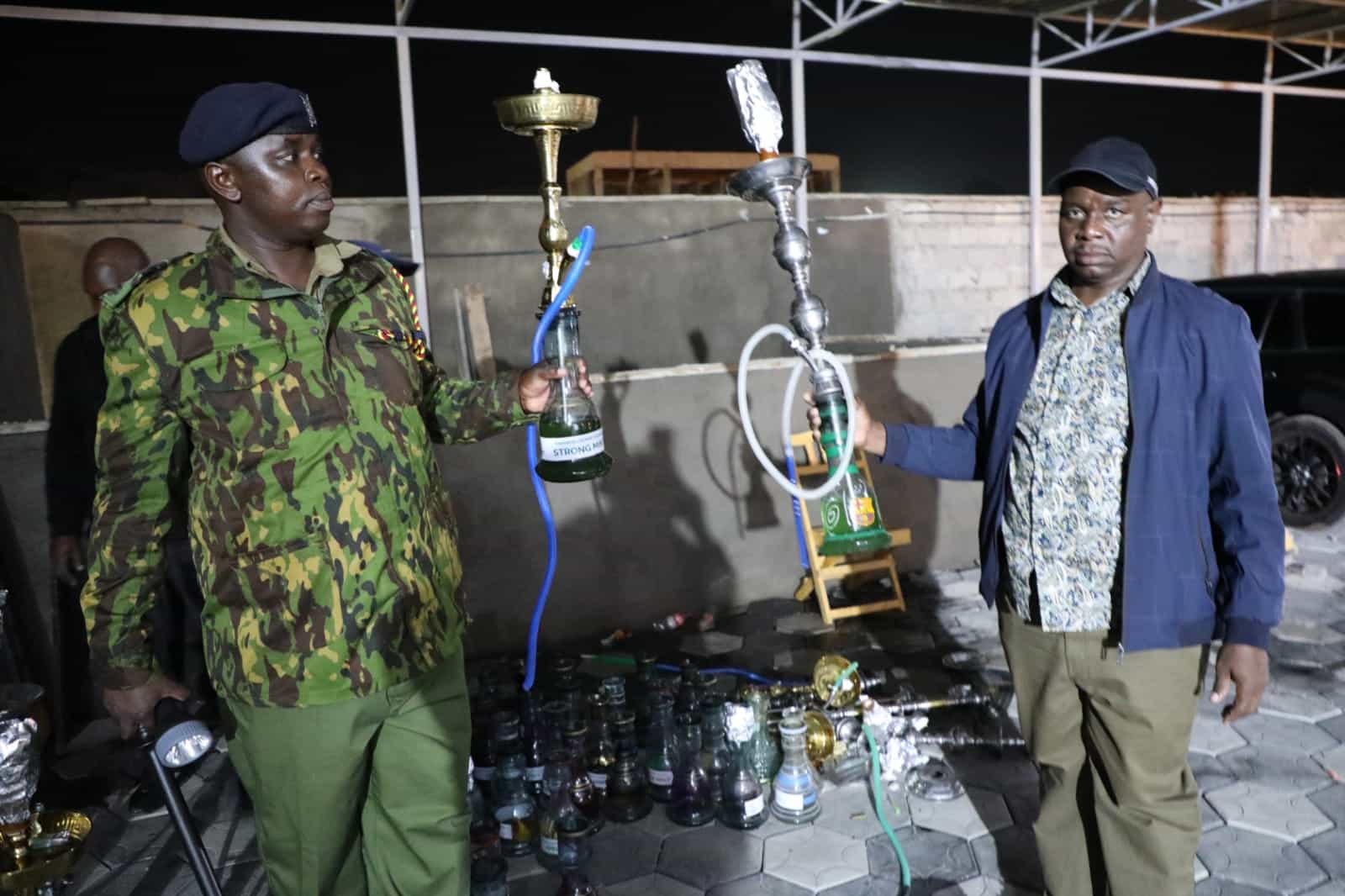 The NACADA team parades the shisha bongs seized in the raid on Quiver Lounge on March 2, 2024.
