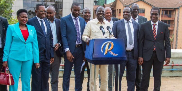 Members of the Azimio coalition led by Raila Odinga during a past press briefing. PHOTO/Azimio TV