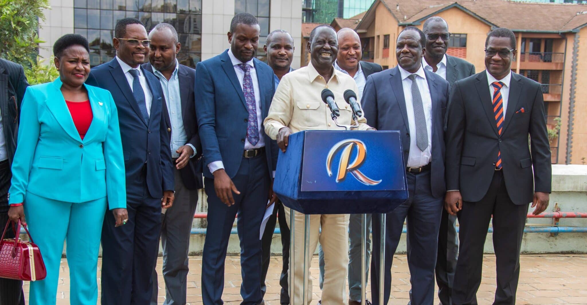 Members of the Azimio coalition led by Raila Odinga during a past press briefing. PHOTO/Azimio TV