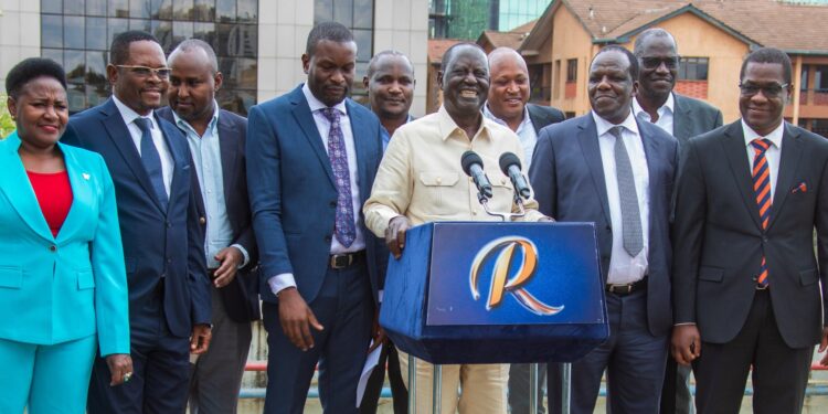 ODM Party Leader Raila Odinga and officials addressing the press. #rejectfinancebill2024