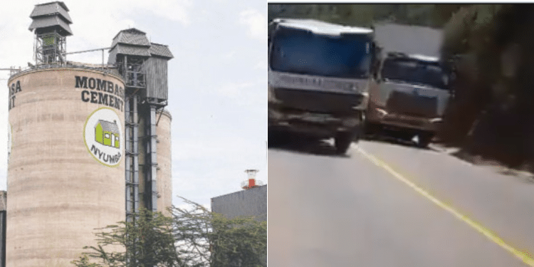 A collage of Mombasa Cement building a nd a sreen grab of two trucks overtaking. PHOTO/ Courtesy
