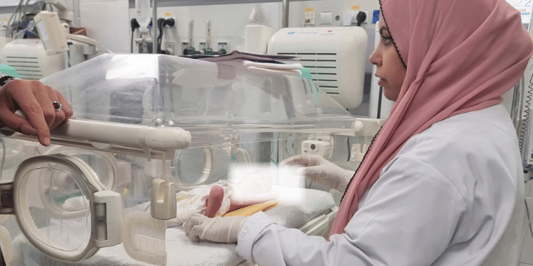 The Palestinian baby in an incubator being attended to by a nurse. PHOTO/ AP