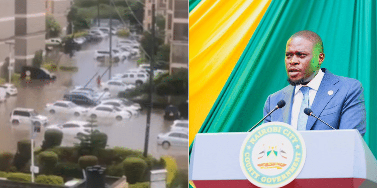 A collage of an estate flooded in Naironi and Governor Johnson Sakaja. PHOTO/ Courtesy