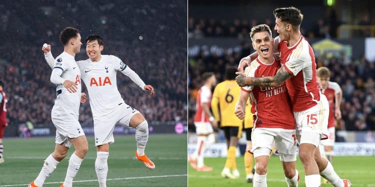 A collage of Tottenham players (left) and Arsenal players in a past match.